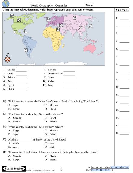 Geography Worksheets - World Geography - Countries worksheet